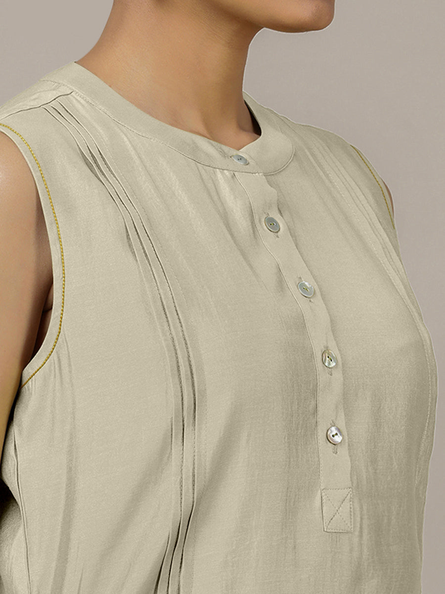 Alina x Rozaana Kurta, in Cream Viscose, featuring sleeveless and flat collar neckline, made for daily & work (view 3).