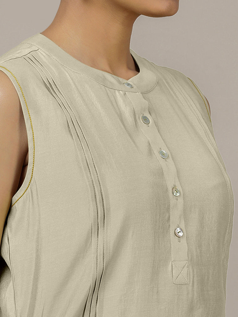 Alina x Rozaana Kurta, in Cream Viscose, featuring sleeveless and flat collar neckline, made for daily & work (view 3).