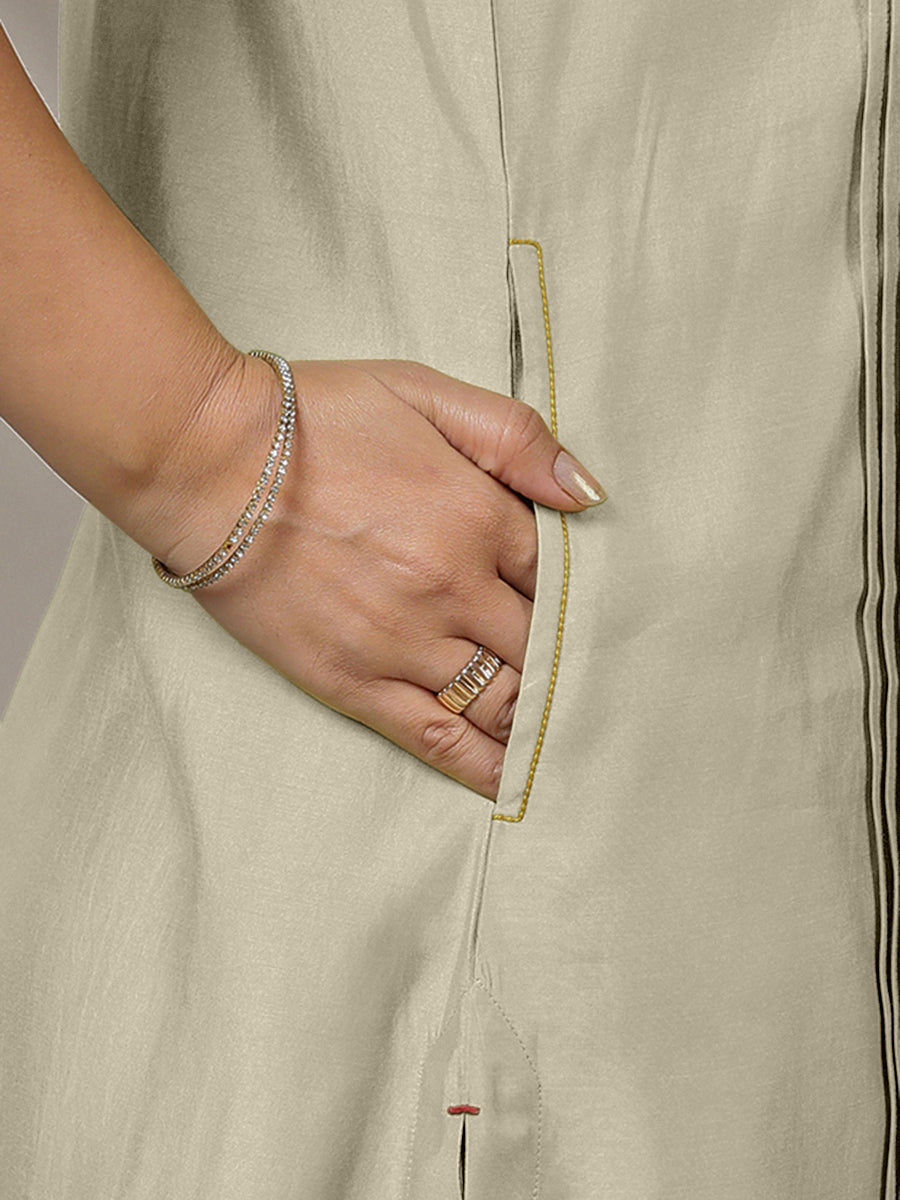 Alina x Rozaana Kurta, in Cream Viscose, featuring sleeveless and flat collar neckline, made for daily & work (view 4).