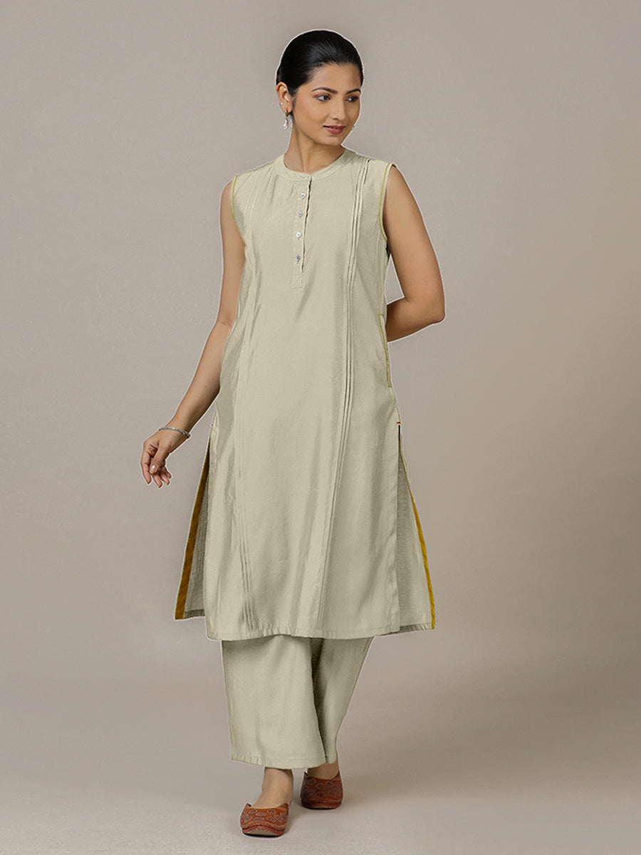 Alina x Rozaana Kurta, in Cream Viscose, featuring sleeveless and flat collar neckline, made for daily & work (view 6).