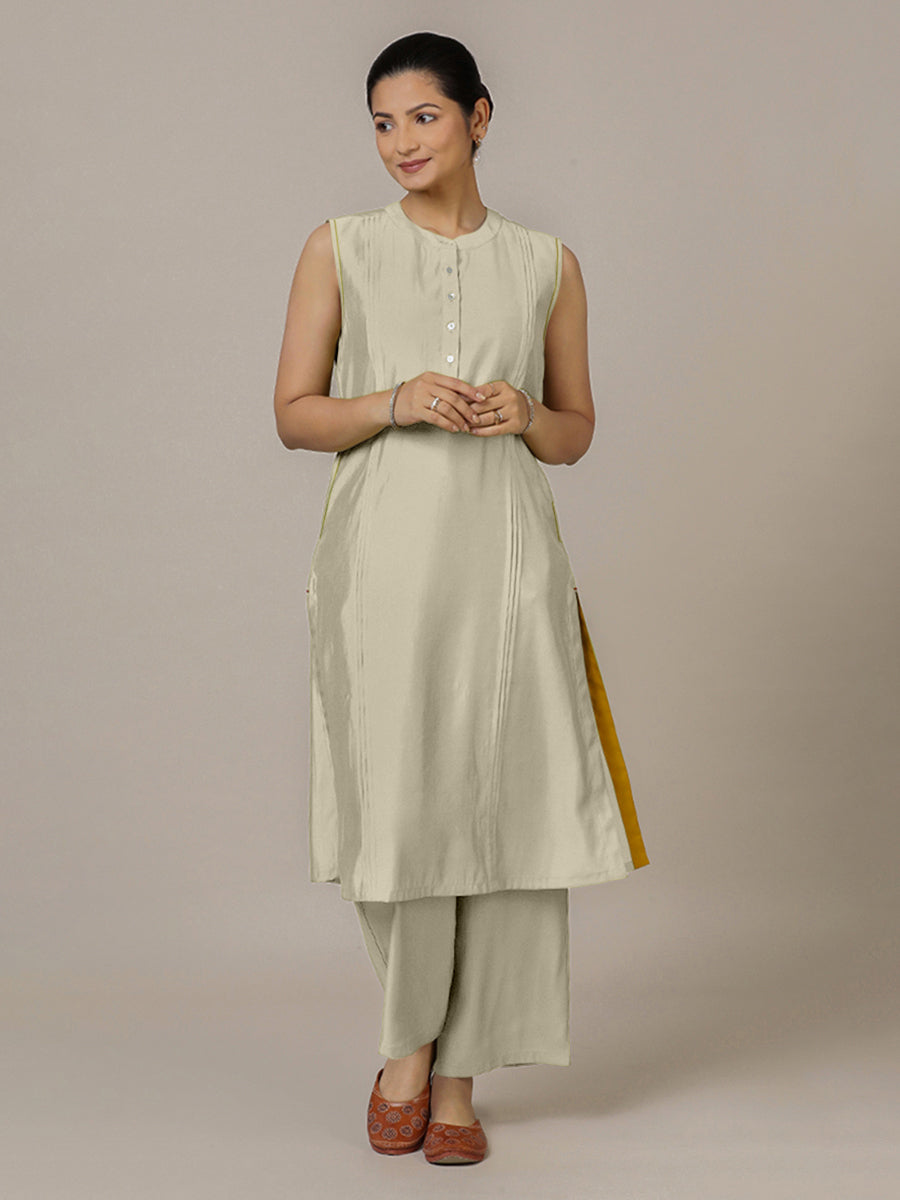 Alina x Rozaana Kurta, in Cream Viscose, featuring sleeveless and flat collar neckline, made for daily & work (view 7).