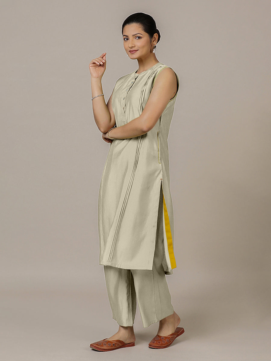 Alina x Rozaana Kurta, in Cream Viscose, featuring sleeveless and flat collar neckline, made for daily & work (view 8).