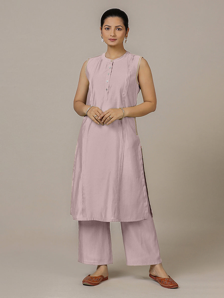 Alina x Rozaana Kurta, in Purple Viscose, featuring sleeveless and flat collar neckline, made for daily & work.