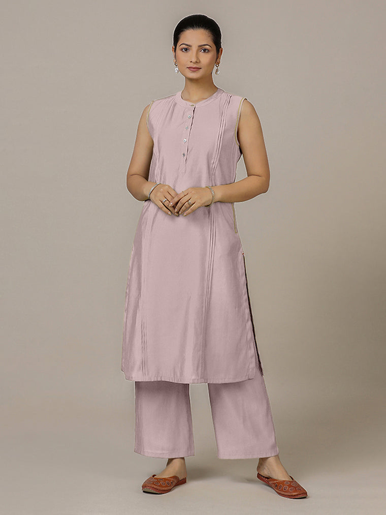Alina x Rozaana Kurta, in Purple Viscose, featuring sleeveless and flat collar neckline, made for daily & work.
