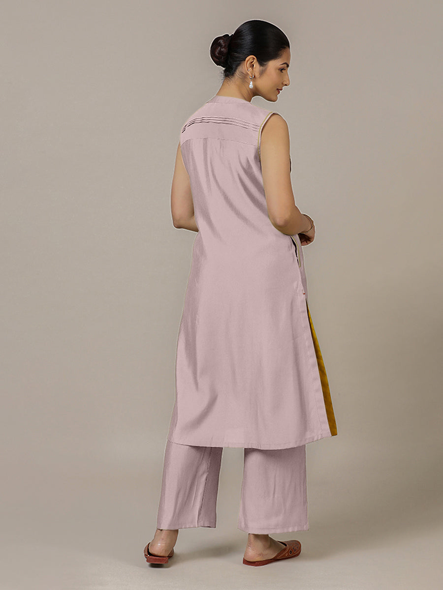 Alina x Rozaana Kurta, in Purple Viscose, featuring sleeveless and flat collar neckline, made for daily & work (view 2).