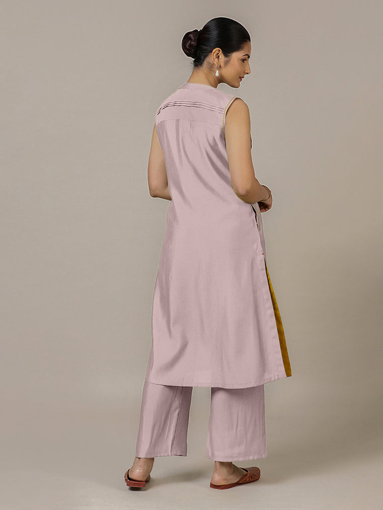 Alina x Rozaana Kurta, in Purple Viscose, featuring sleeveless and flat collar neckline, made for daily & work (view 2).