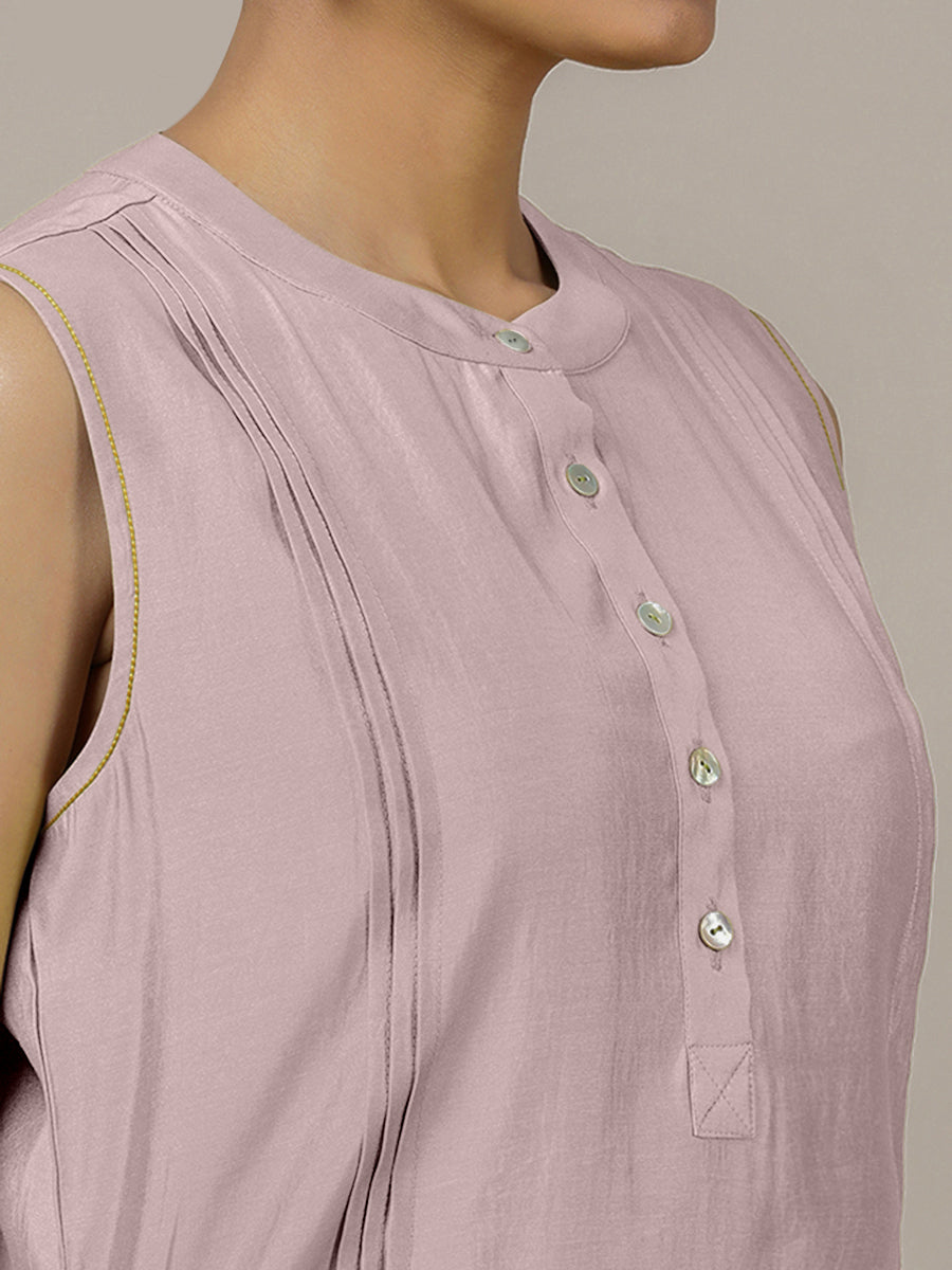 Alina x Rozaana Kurta, in Purple Viscose, featuring sleeveless and flat collar neckline, made for daily & work (view 3).