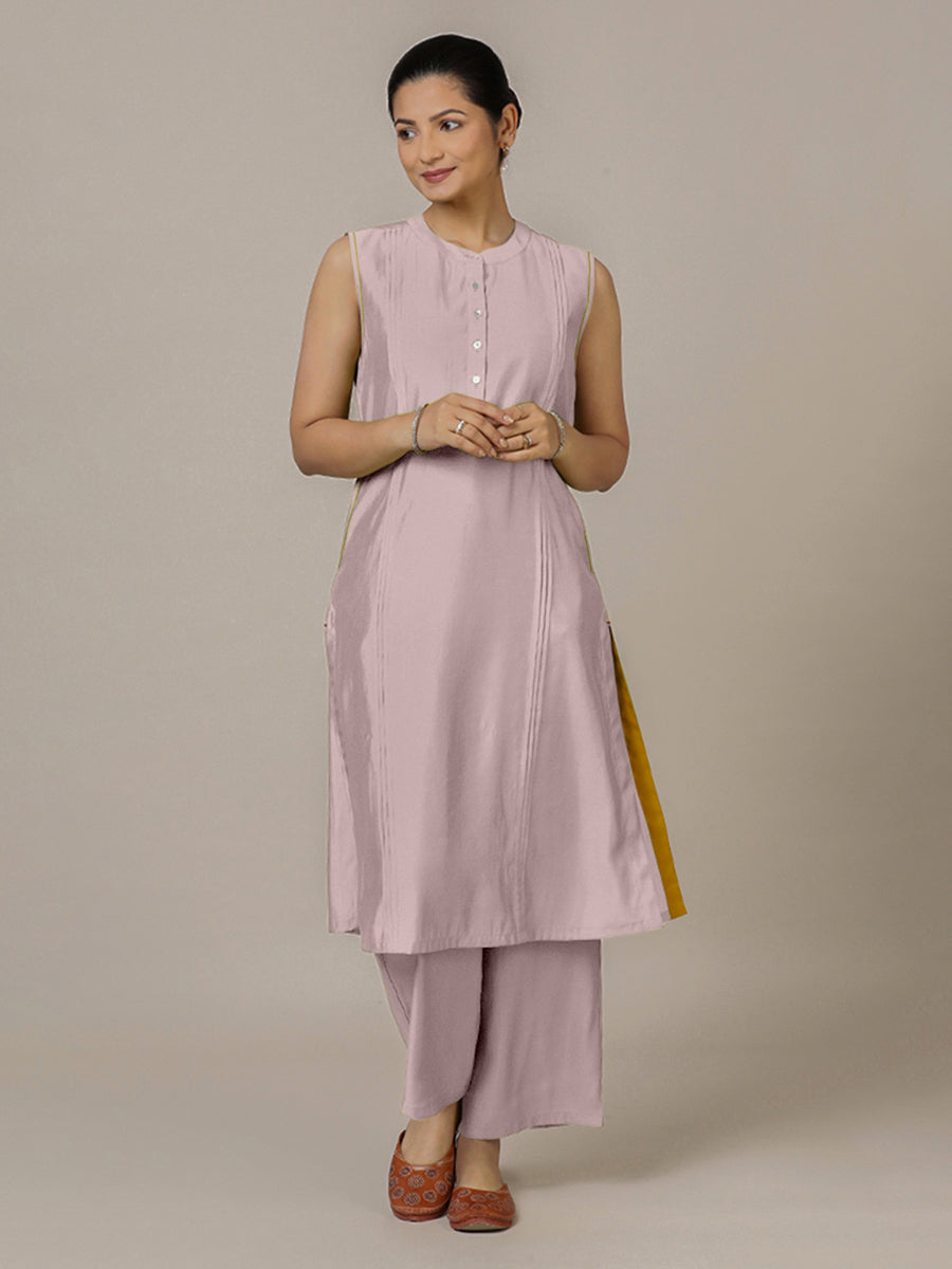 Alina x Rozaana Kurta, in Purple Viscose, featuring sleeveless and flat collar neckline, made for daily & work (view 7).
