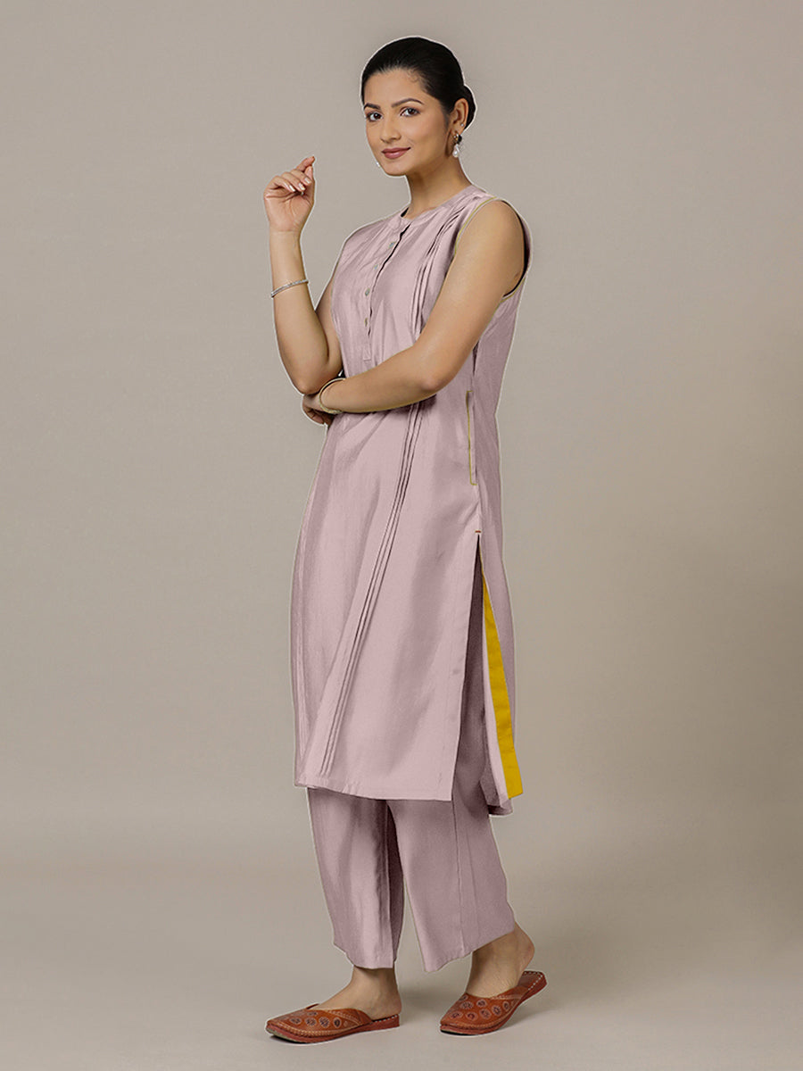Alina x Rozaana Kurta, in Purple Viscose, featuring sleeveless and flat collar neckline, made for daily & work (view 8).