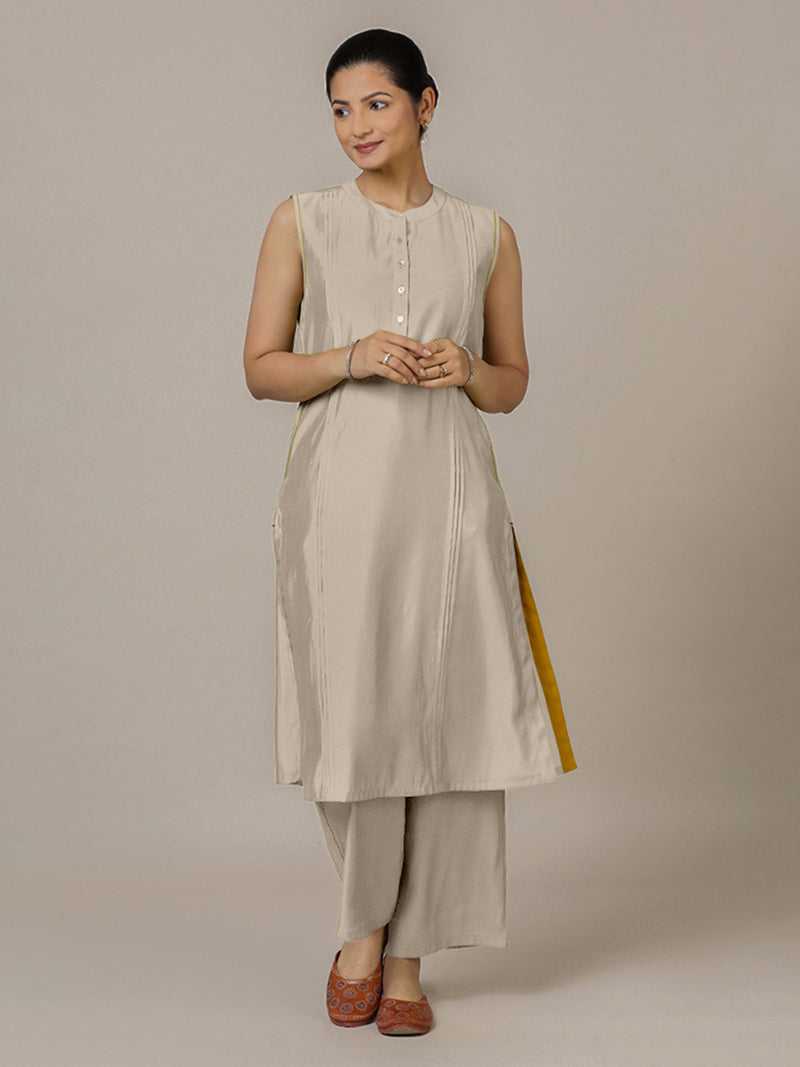 Alina x Rozaana | A Line Kurta in Oyster Grey with Thread Work | Coords or Only Kurta-Binks