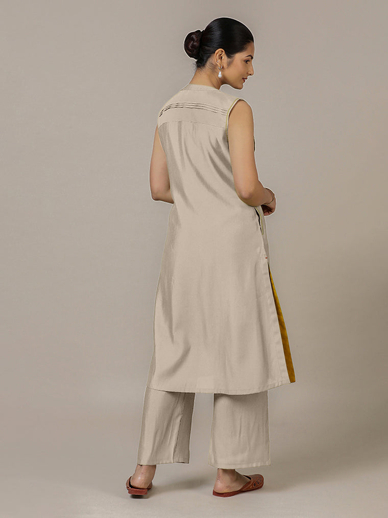 Alina x Rozaana Kurta, in Grey Viscose, featuring sleeveless and flat collar neckline, made for daily & work (view 2).