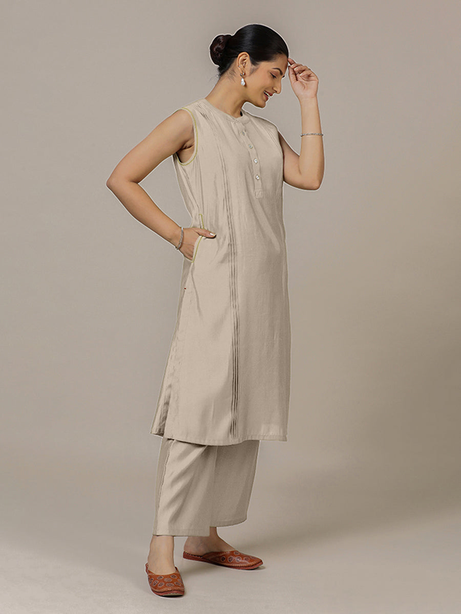 Alina x Rozaana Kurta, in Grey Viscose, featuring sleeveless and flat collar neckline, made for daily & work (view 8).