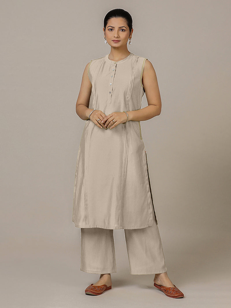 Alina x Rozaana | A Line Kurta in Oyster Grey with Thread Work | Coords or Only Kurta-Binks