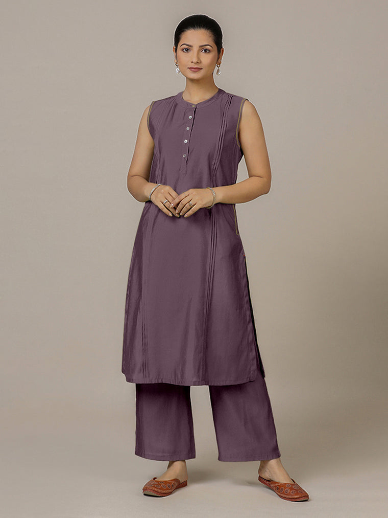 Alina x Rozaana Kurta, in Purple Viscose, featuring sleeveless and flat collar neckline, made for daily & work.