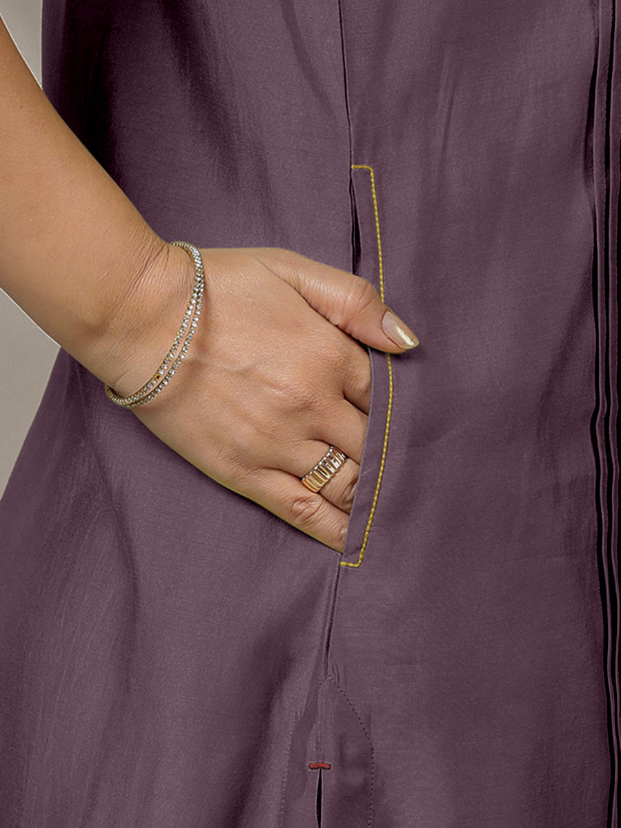 Alina x Rozaana Kurta, in Purple Viscose, featuring sleeveless and flat collar neckline, made for daily & work (view 4).