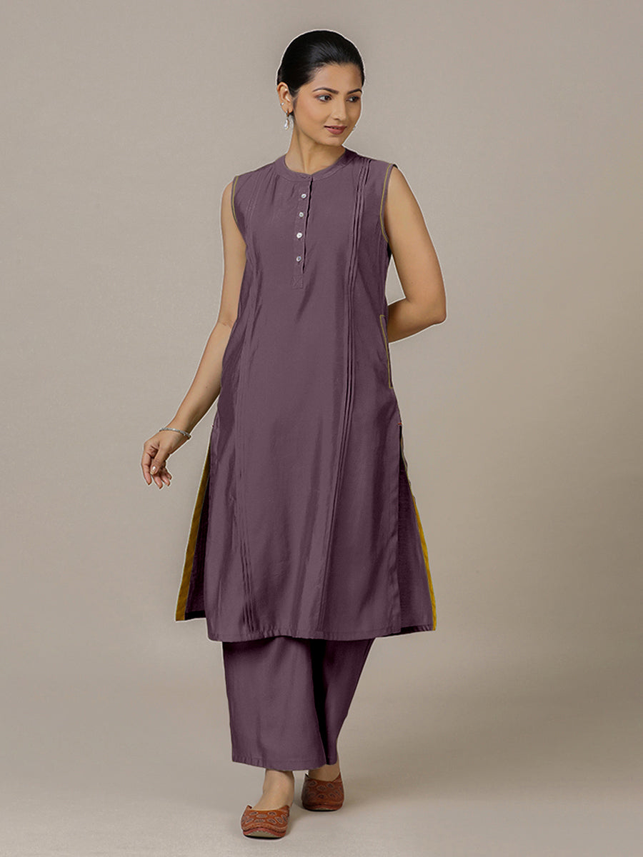 Alina x Rozaana Kurta, in Purple Viscose, featuring sleeveless and flat collar neckline, made for daily & work (view 6).