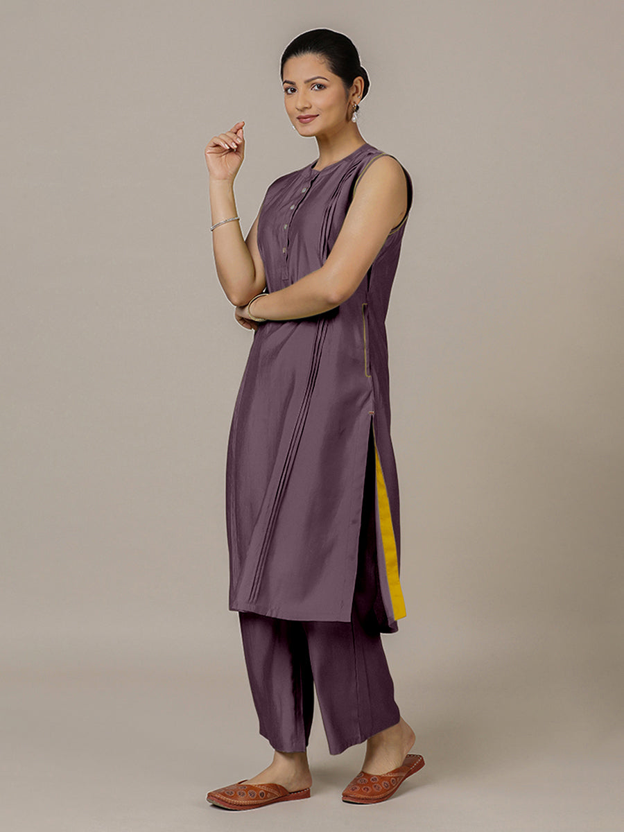 Alina x Rozaana Kurta, in Purple Viscose, featuring sleeveless and flat collar neckline, made for daily & work (view 8).