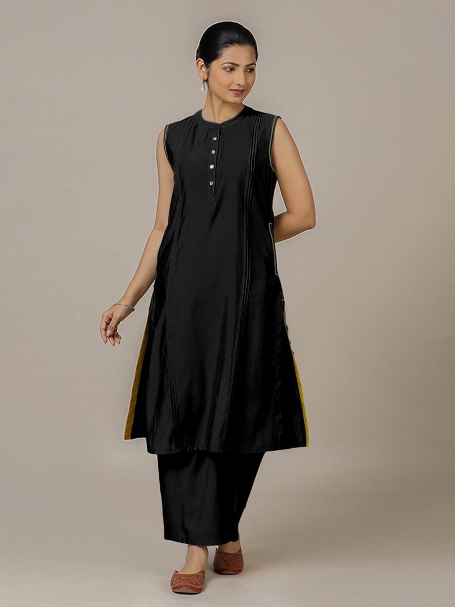 Alina x Rozaana Kurta, in Black Viscose, featuring sleeveless and flat collar neckline, made for daily & work.