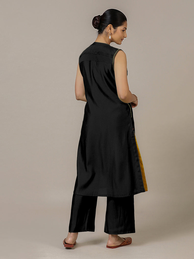 Alina x Rozaana Kurta, in Black Viscose, featuring sleeveless and flat collar neckline, made for daily & work (view 2).