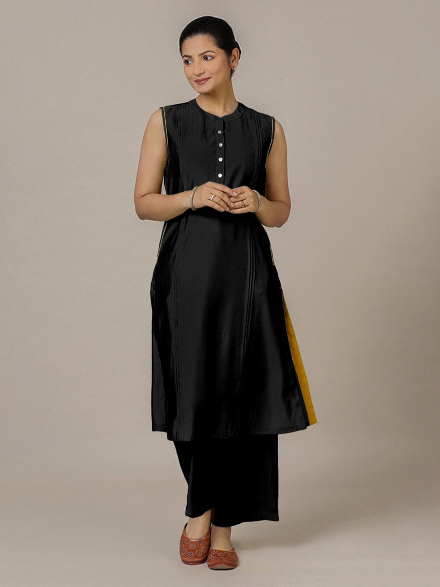 Alina x Rozaana Kurta, in Black Viscose, featuring sleeveless and flat collar neckline, made for daily & work (view 6).