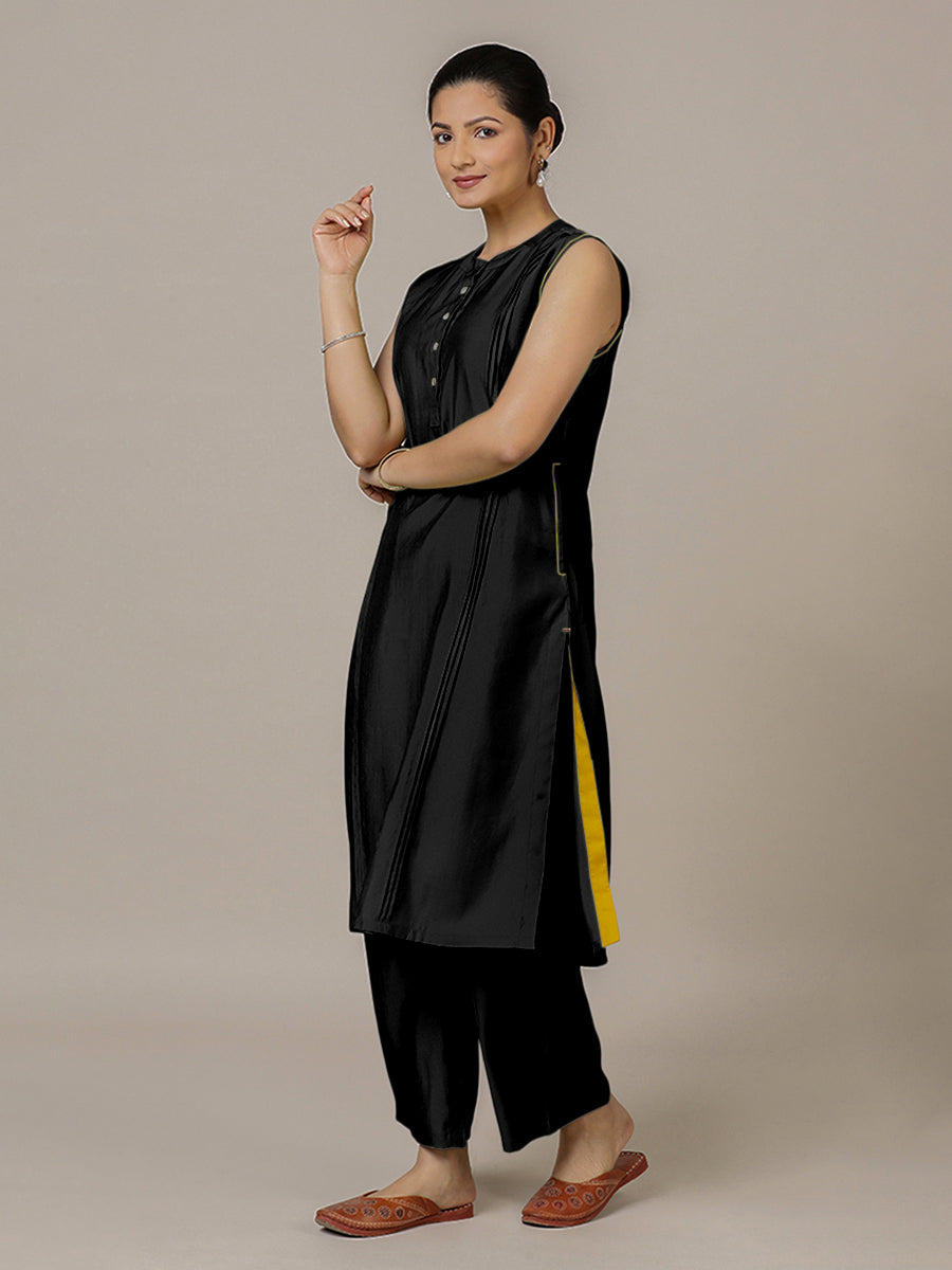 Alina x Rozaana Kurta, in Black Viscose, featuring sleeveless and flat collar neckline, made for daily & work (view 7).