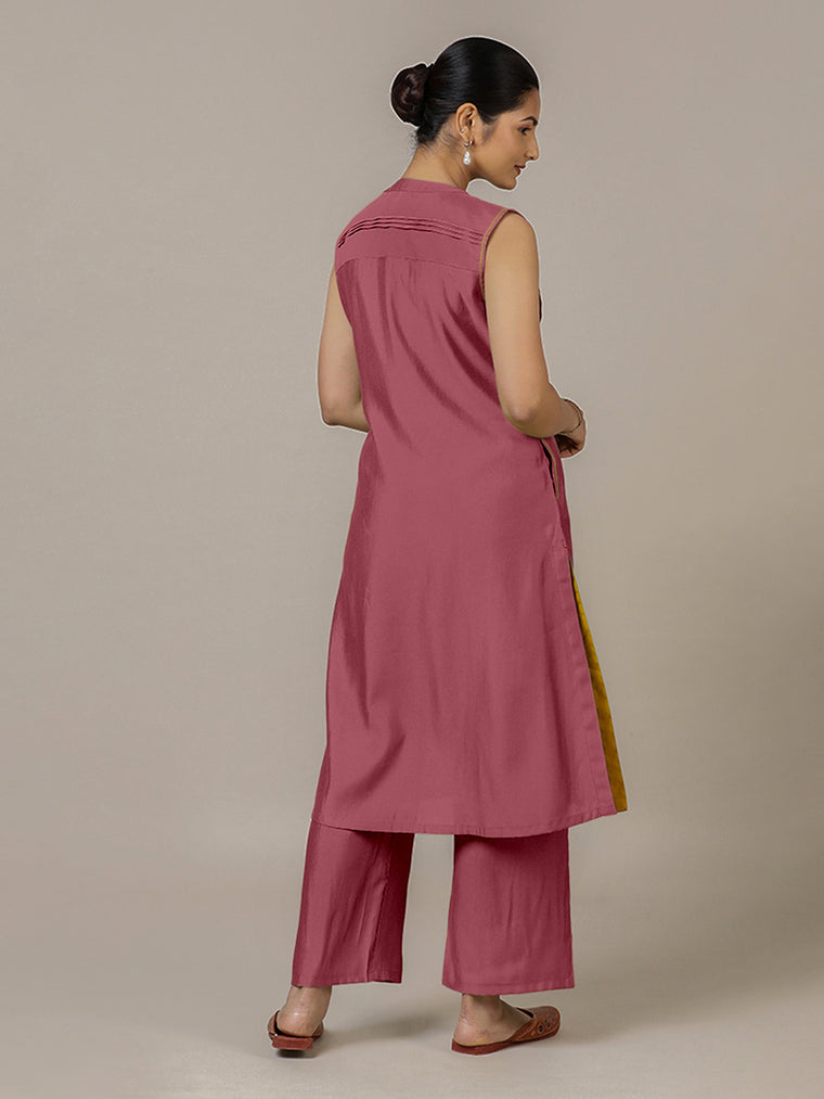 Alina x Rozaana Kurta, in Pink Viscose, featuring sleeveless and flat collar neckline, made for daily & work (view 2).