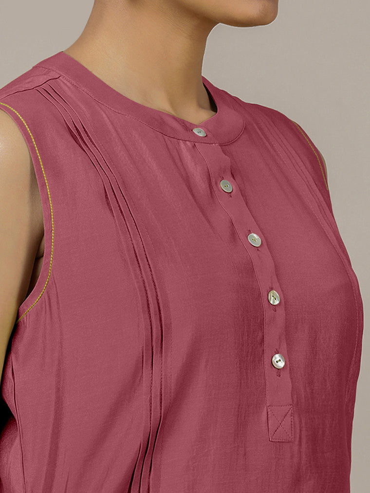 Alina x Rozaana Kurta, in Pink Viscose, featuring sleeveless and flat collar neckline, made for daily & work (view 3).