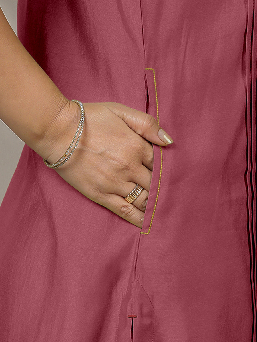 Alina x Rozaana Kurta, in Pink Viscose, featuring sleeveless and flat collar neckline, made for daily & work (view 4).