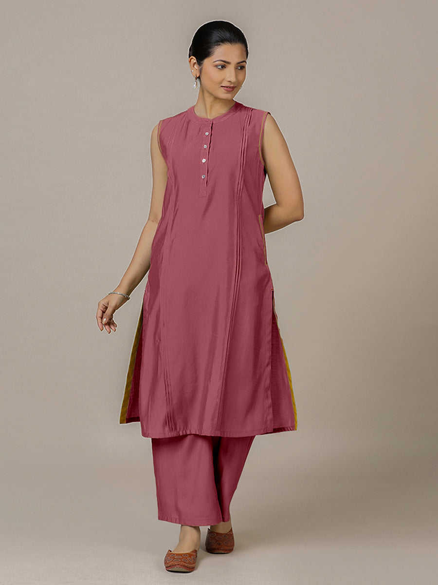 Alina x Rozaana Kurta, in Pink Viscose, featuring sleeveless and flat collar neckline, made for daily & work (view 6).