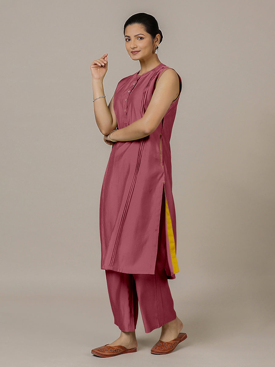 Alina x Rozaana Kurta, in Pink Viscose, featuring sleeveless and flat collar neckline, made for daily & work (view 7).