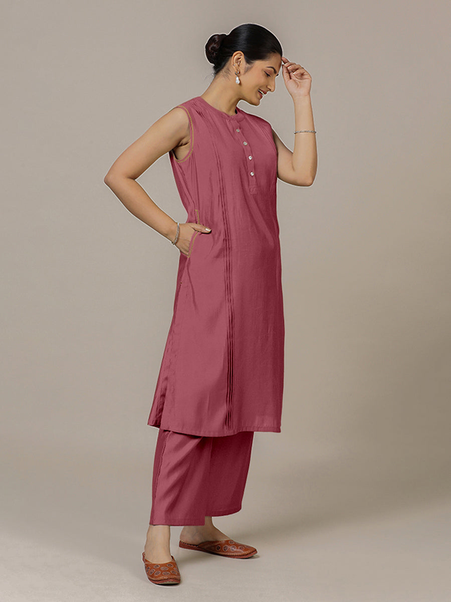 Alina x Rozaana Kurta, in Pink Viscose, featuring sleeveless and flat collar neckline, made for daily & work (view 8).