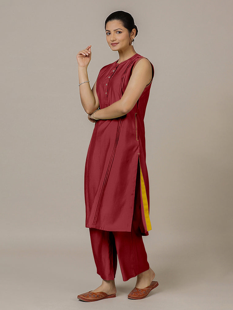 Alina x Rozaana Kurta, in Red Viscose, featuring sleeveless and flat collar neckline, made for daily & work.