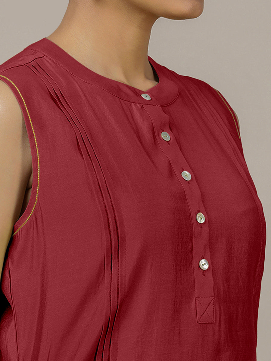 Alina x Rozaana Kurta, in Red Viscose, featuring sleeveless and flat collar neckline, made for daily & work (view 3).