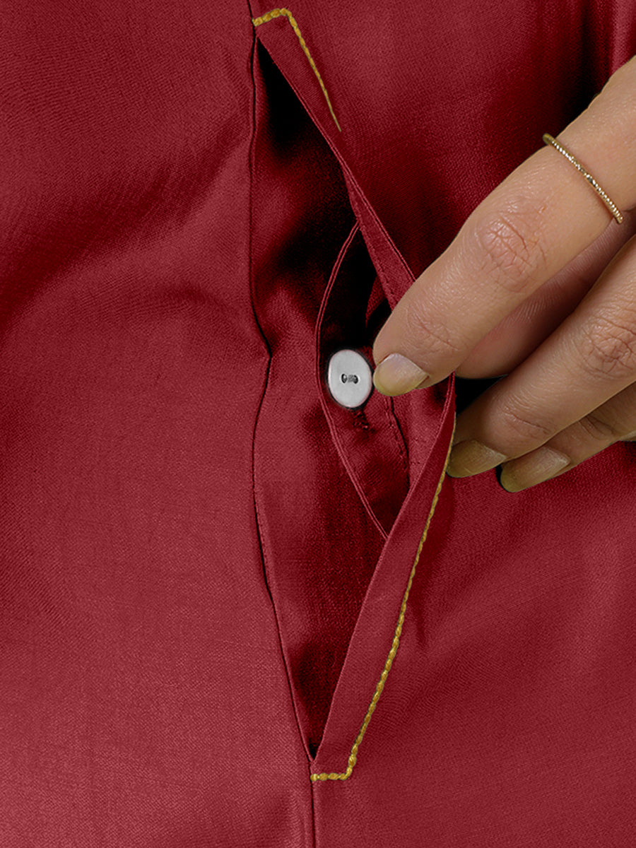 Alina x Rozaana Kurta, in Red Viscose, featuring sleeveless and flat collar neckline, made for daily & work (view 5).