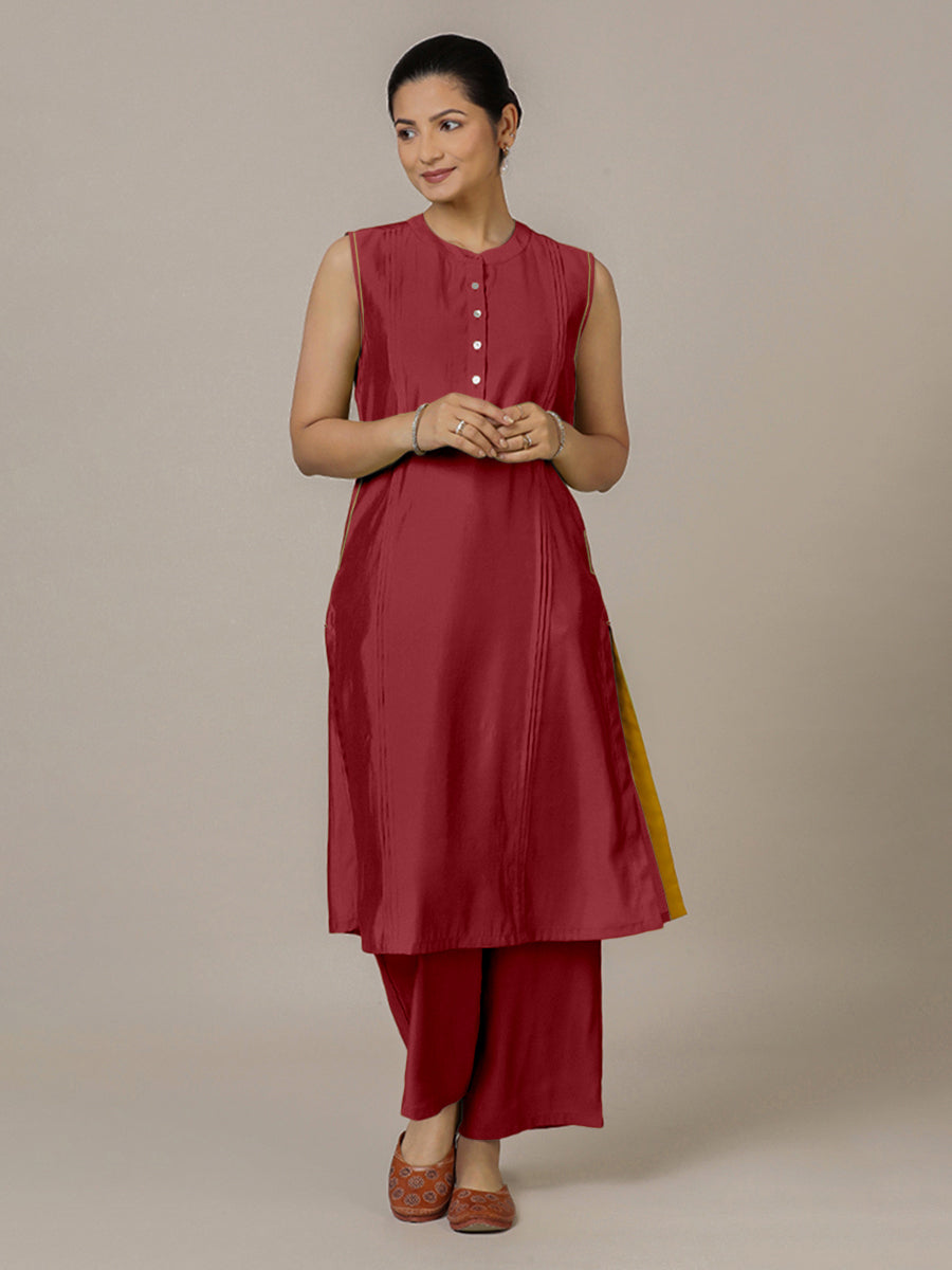 Alina x Rozaana Kurta, in Red Viscose, featuring sleeveless and flat collar neckline, made for daily & work (view 7).