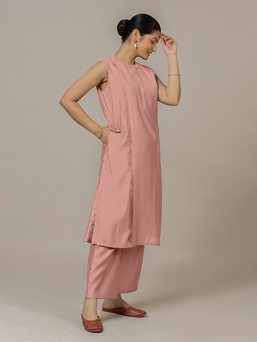 Alina x Rozaana Kurta, in Pink Viscose, featuring sleeveless and flat collar neckline, made for daily & work.