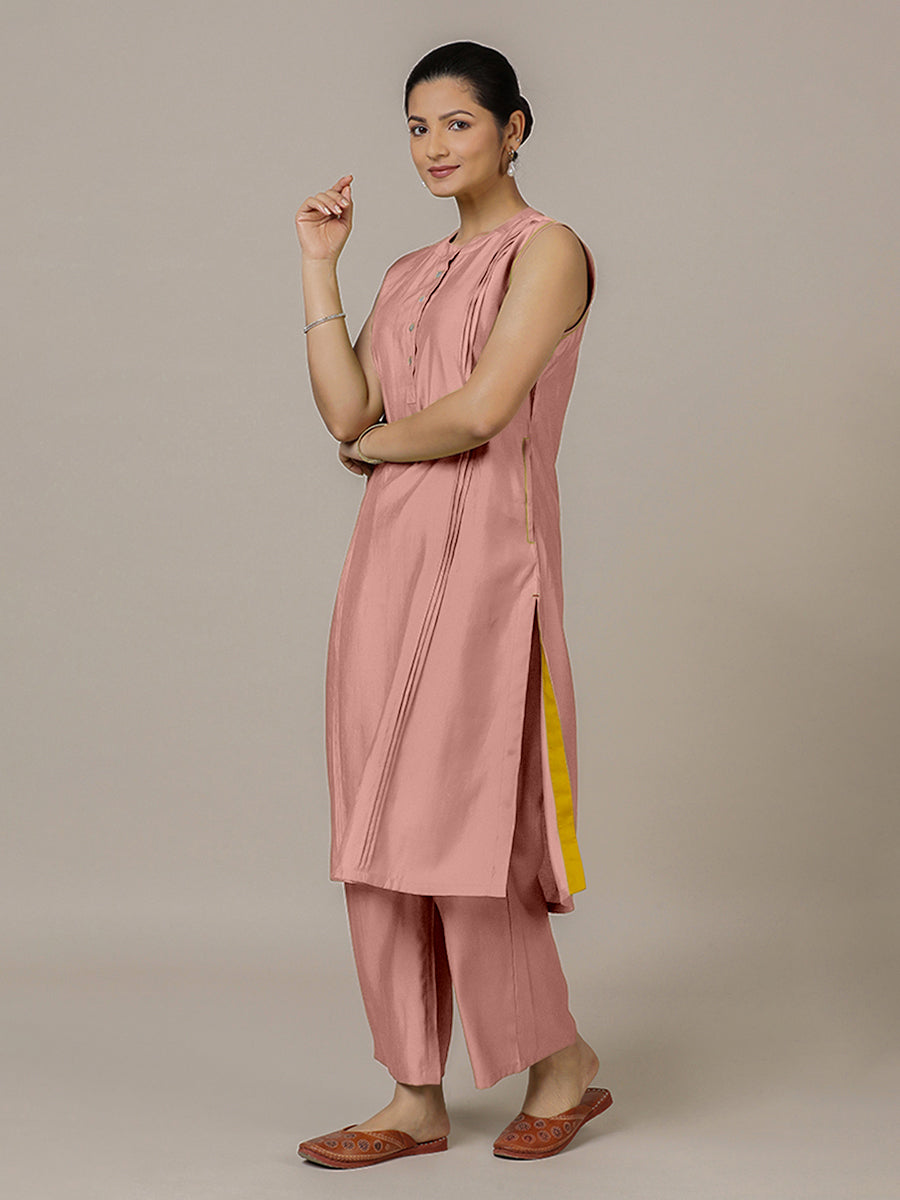 Alina x Rozaana Kurta, in Pink Viscose, featuring sleeveless and flat collar neckline, made for daily & work (view 8).