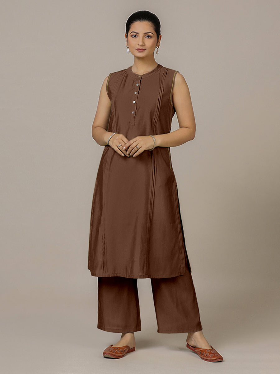 Alina x Rozaana Kurta, in Brown Viscose, featuring sleeveless and flat collar neckline, made for daily & work.
