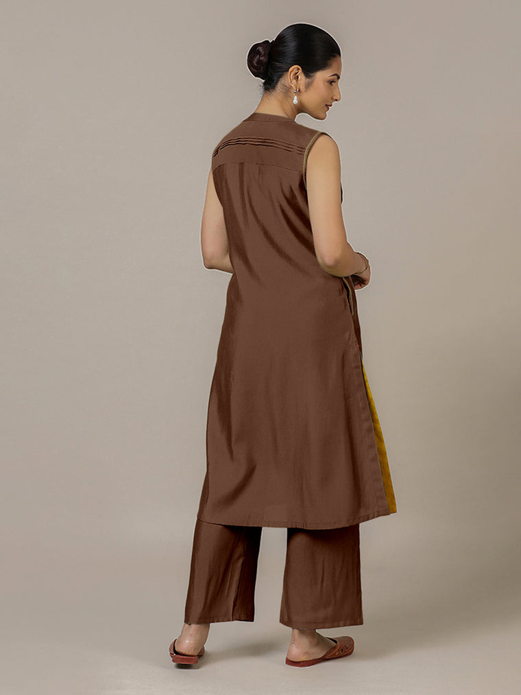 Alina x Rozaana Kurta, in Brown Viscose, featuring sleeveless and flat collar neckline, made for daily & work (view 2).