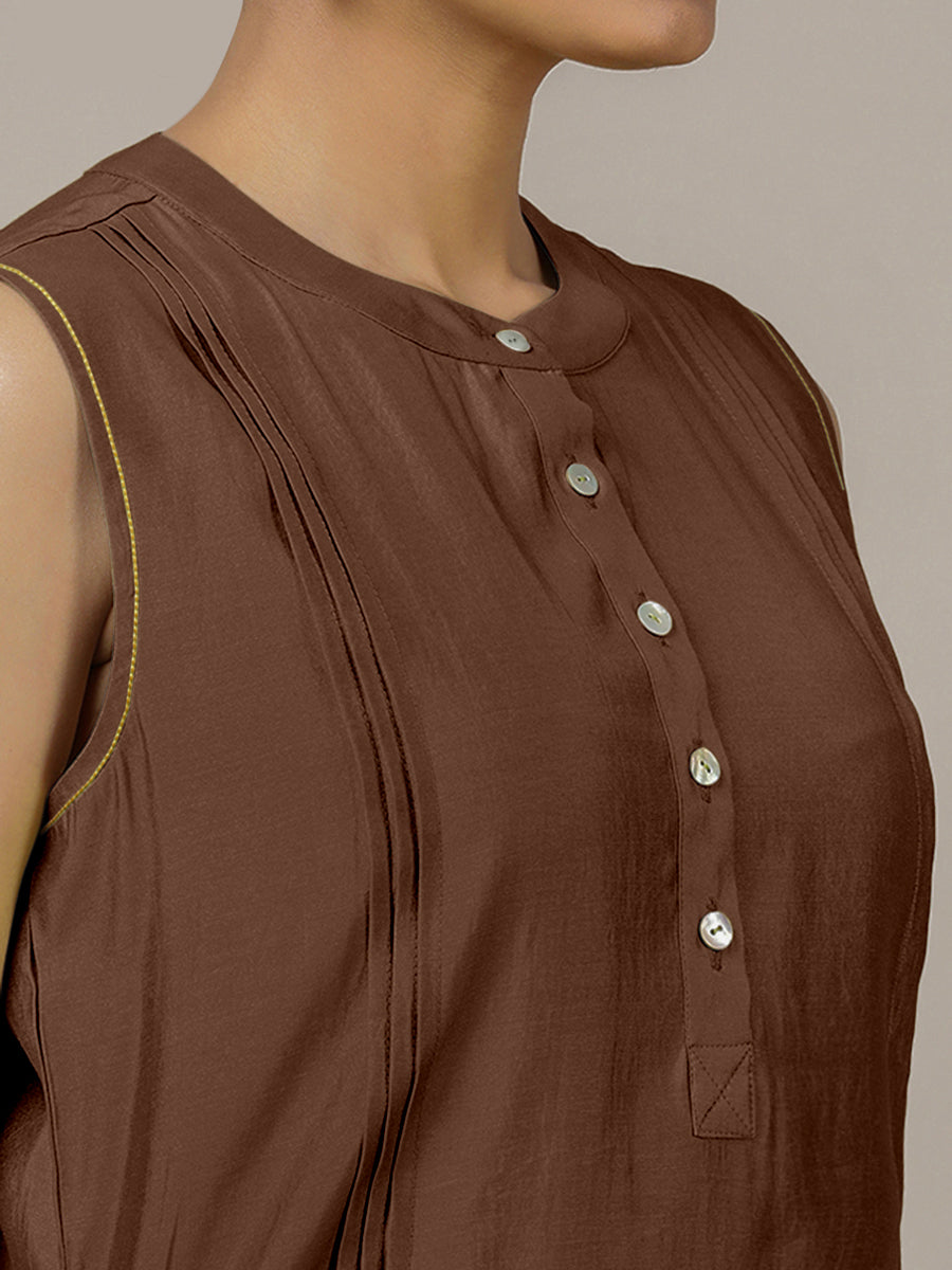 Alina x Rozaana Kurta, in Brown Viscose, featuring sleeveless and flat collar neckline, made for daily & work (view 3).