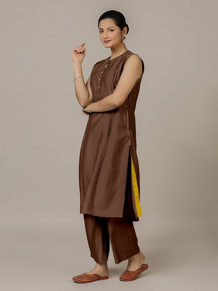Alina x Rozaana Kurta, in Brown Viscose, featuring sleeveless and flat collar neckline, made for daily & work (view 8).