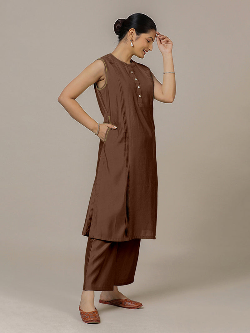 Alina x Rozaana | A Line Kurta in Walnut Brown with Thread Work | Coords or Only Kurta-Binks