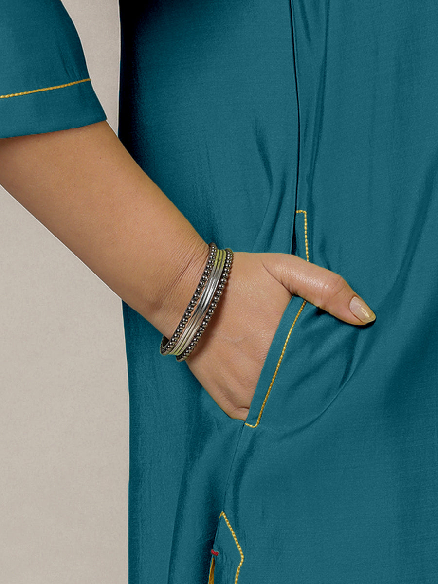 Alisha x Rozaana Kurta, in Blue Viscose, featuring three quarter sleeves and v-neckline, made for daily & work (view 4).