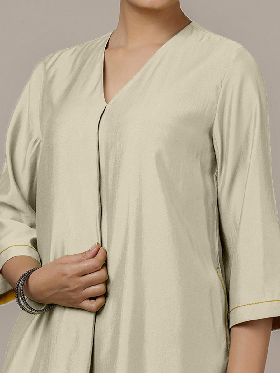 Alisha x Rozaana Kurta, in Cream Viscose, featuring three quarter sleeves and v-neckline, made for daily & work (view 3).