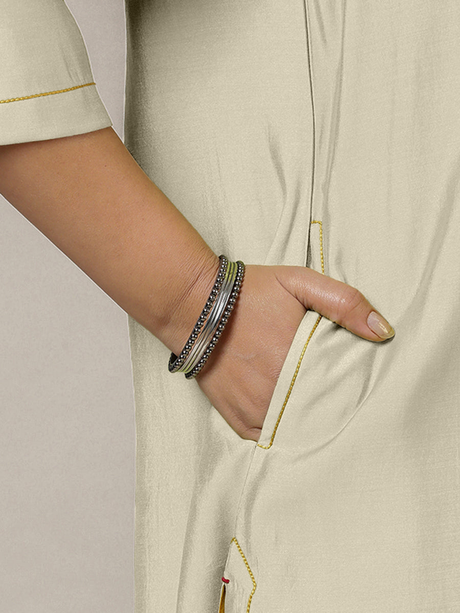Alisha x Rozaana Kurta, in Cream Viscose, featuring three quarter sleeves and v-neckline, made for daily & work (view 4).
