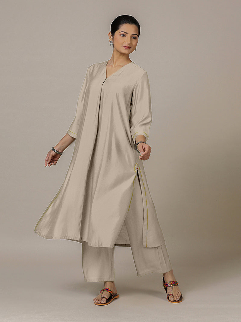 Alisha x Rozaana | A Line Kurta in Oyster Grey with Thread Work | Coords or Only Kurta-Binks