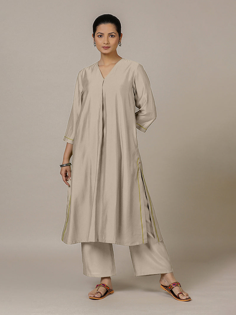 Alisha x Rozaana | A Line Kurta in Oyster Grey with Thread Work | Coords or Only Kurta-Binks