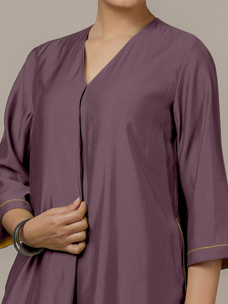 Alisha x Rozaana Kurta, in Purple Viscose, featuring three quarter sleeves and v-neckline, made for daily & work (view 3).