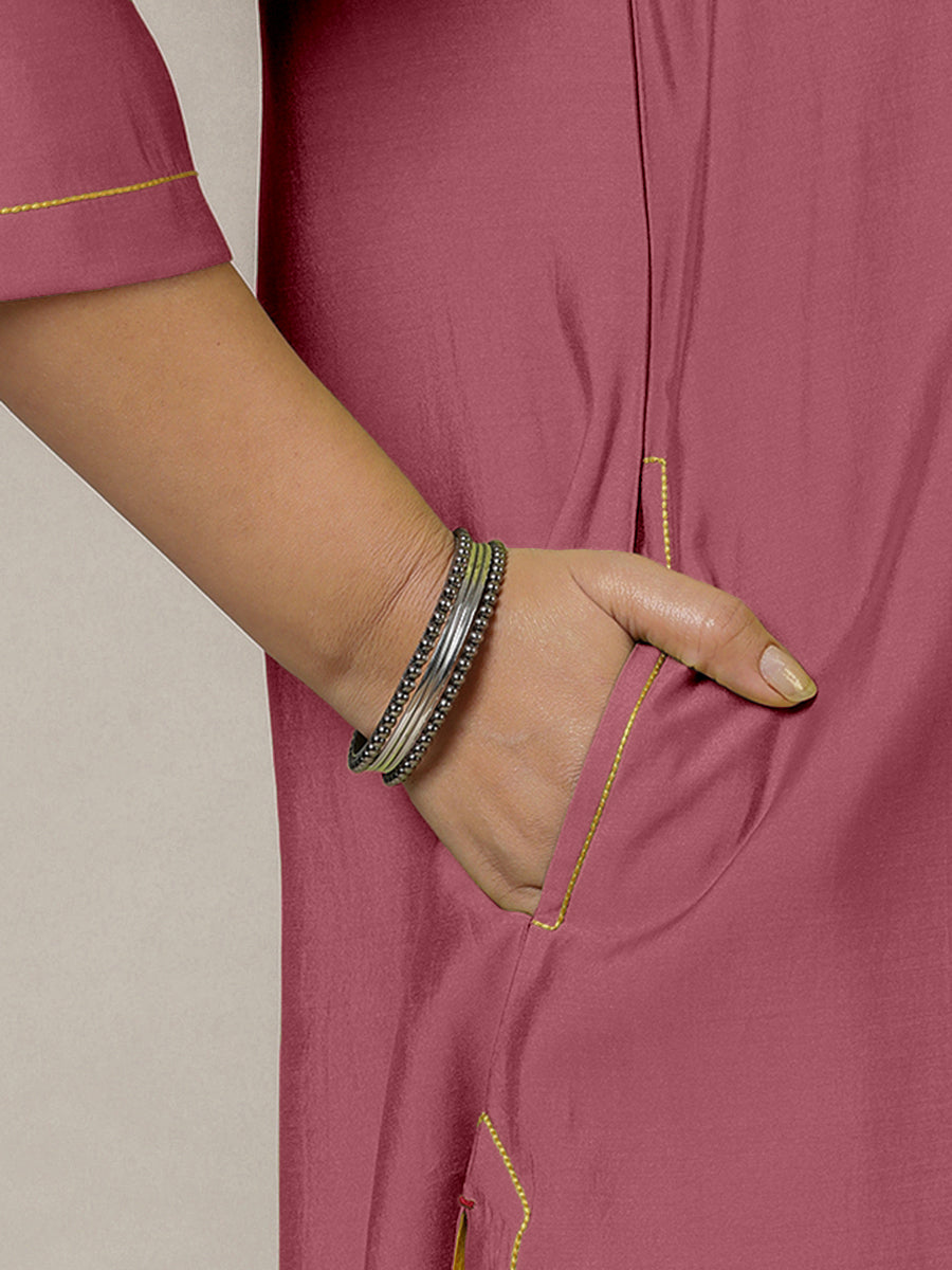 Alisha x Rozaana Kurta, in Pink Viscose, featuring three quarter sleeves and v-neckline, made for daily & work (view 4).