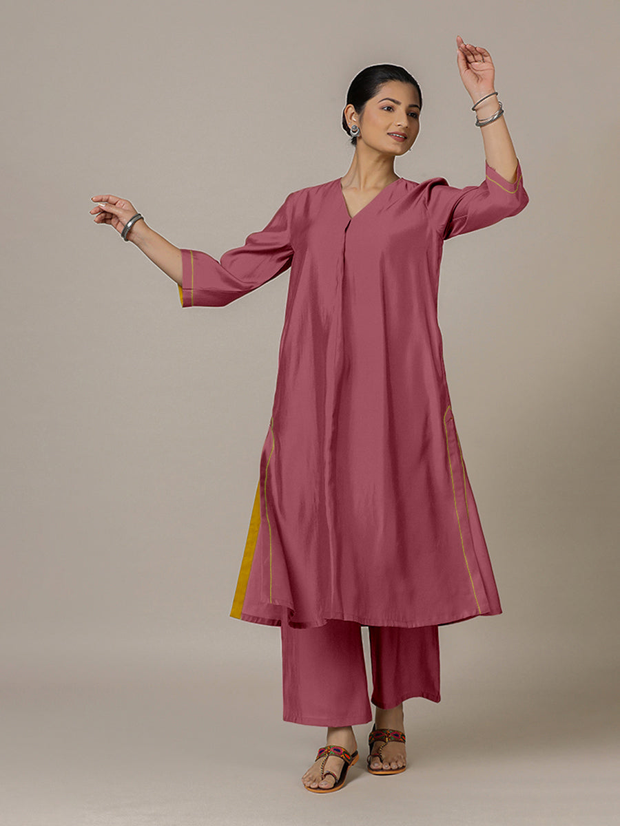 Alisha x Rozaana Kurta, in Pink Viscose, featuring three quarter sleeves and v-neckline, made for daily & work (view 6).
